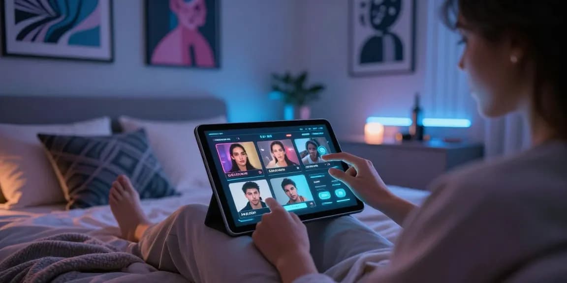 Exploring ai porn content on a sleek tablet in a cozy digital bedroom.