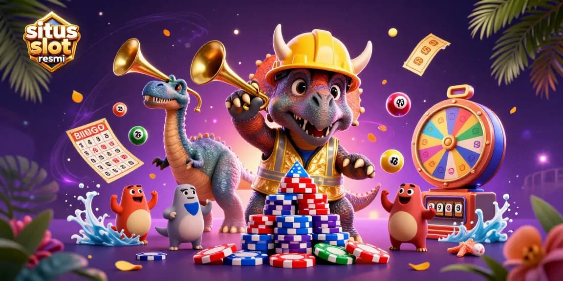 Experience excitement at situs slot resmi with a triceratops building poker chip towers, surrounded by colorful lottery elements.