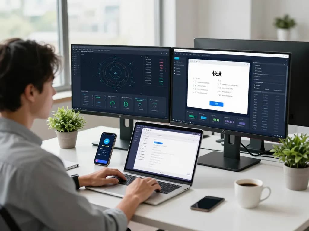 快连 software interface displayed on a modern tech workspace desk, enhancing productivity and network speed.