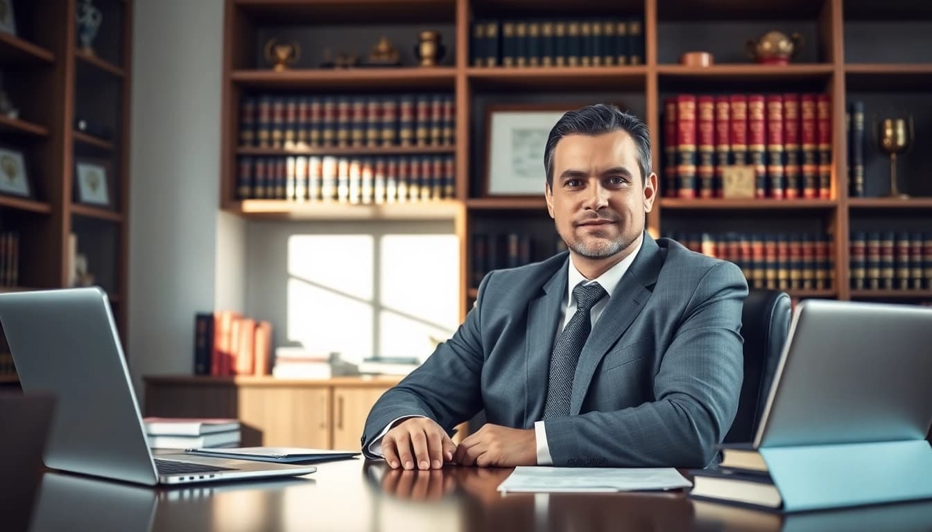 Broward County litigation lawyer confidently working in a professional office setting.