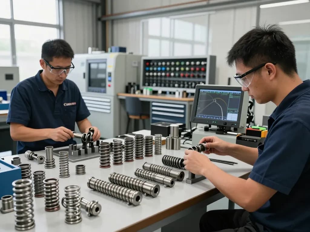 Tehnician inspectând arcuri ciur într-un mediu industrial.