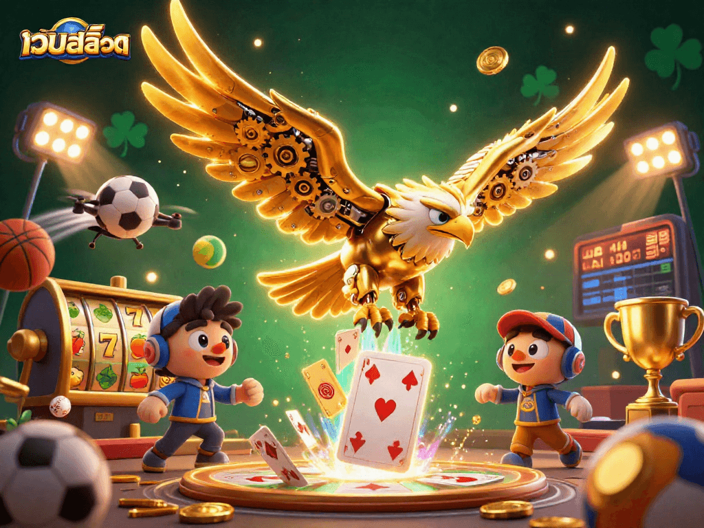 Engage in เว็บสล็อต adventures with cybernetic eagle amidst vibrant casino elements!