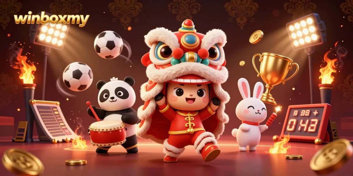 WinboxMY showcases a vibrant lion dance with festive characters amidst dynamic sports betting elements.