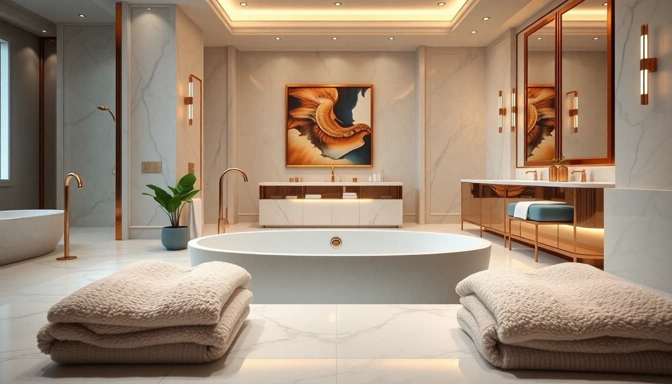 A beautifully designed elegant bathrooms with luxurious features like a marble bathtub and stylish fixtures.