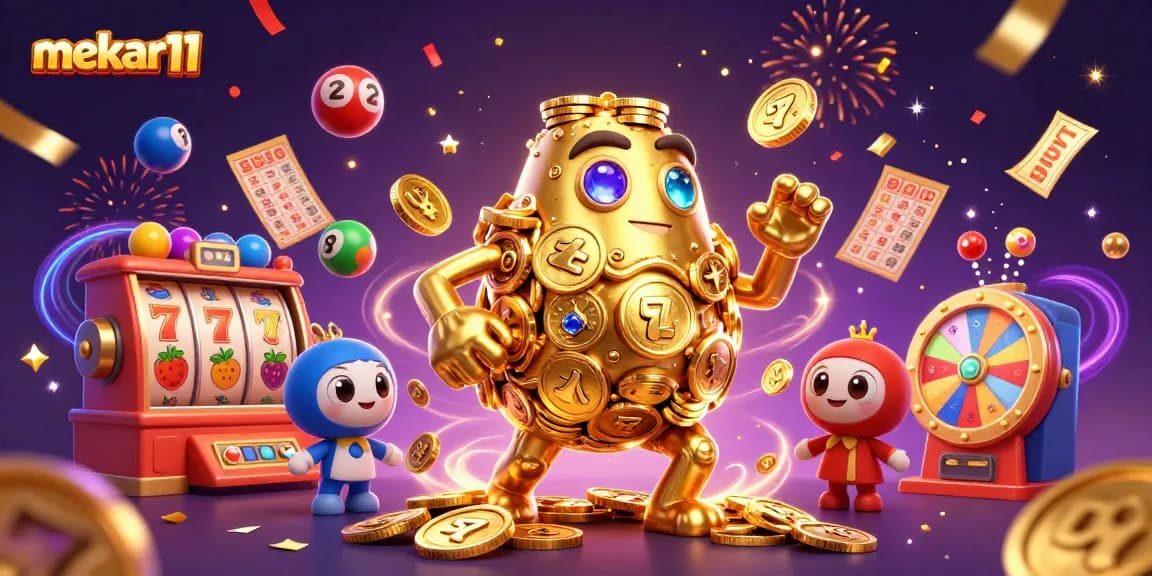 Experience captivating slot action with mekar11's golden golem surrounded by vibrant, dynamic game elements.