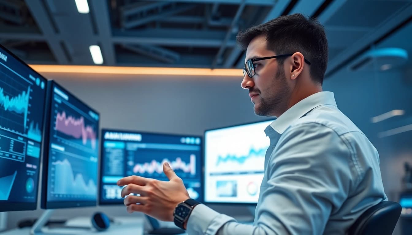 Engaging setup showcasing technology with sleek screens and a focused individual in a modern workspace.