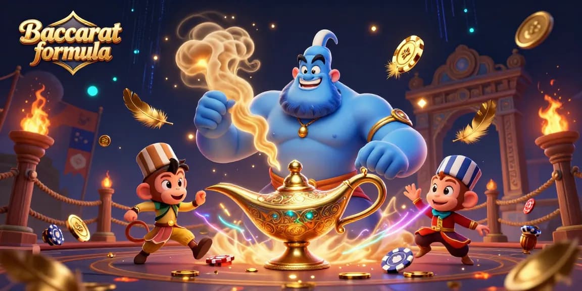 Experience the Baccarat formula magic as a genie bursts forth amidst vibrant casino elements and golden treasures.