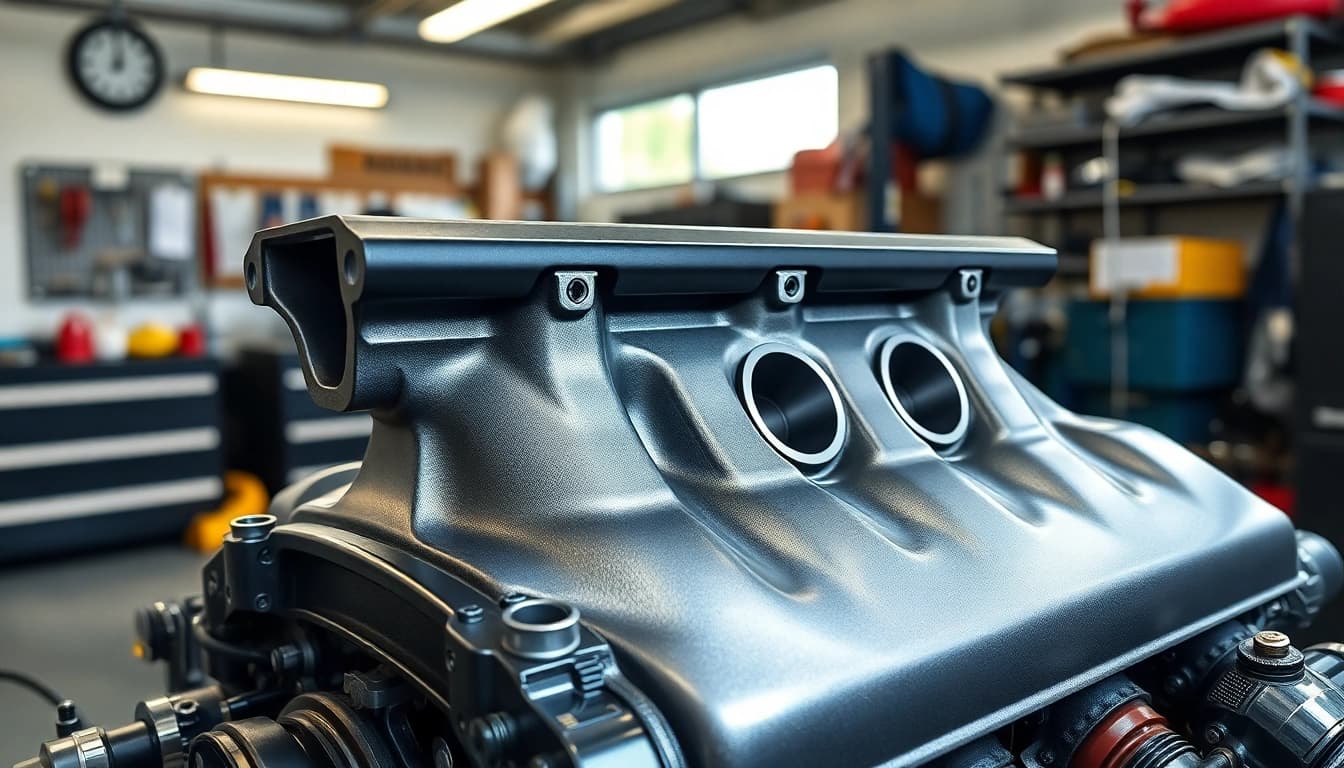 Showcasing the RVNG B58 Intake Manifold Block-Off on a performance engine in a well-lit garage.