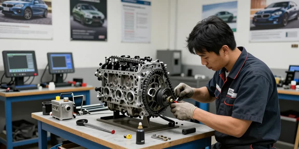 BMW Steuerkette wechseln in professioneller Werkstatt-Umgebung mit erfahrenem Mechaniker.