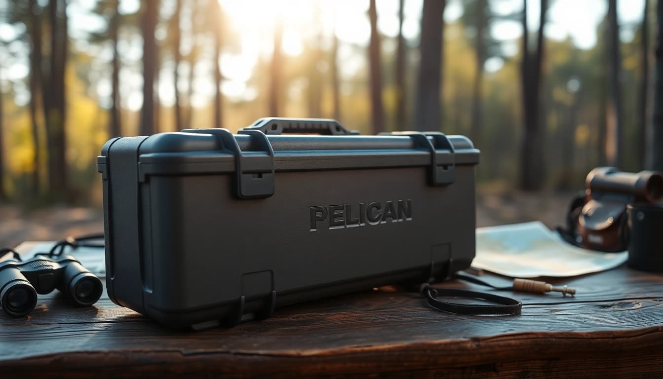 Showcase of a Pelican rifle case with outdoor gear, highlighting its rugged features and adventure-ready design.