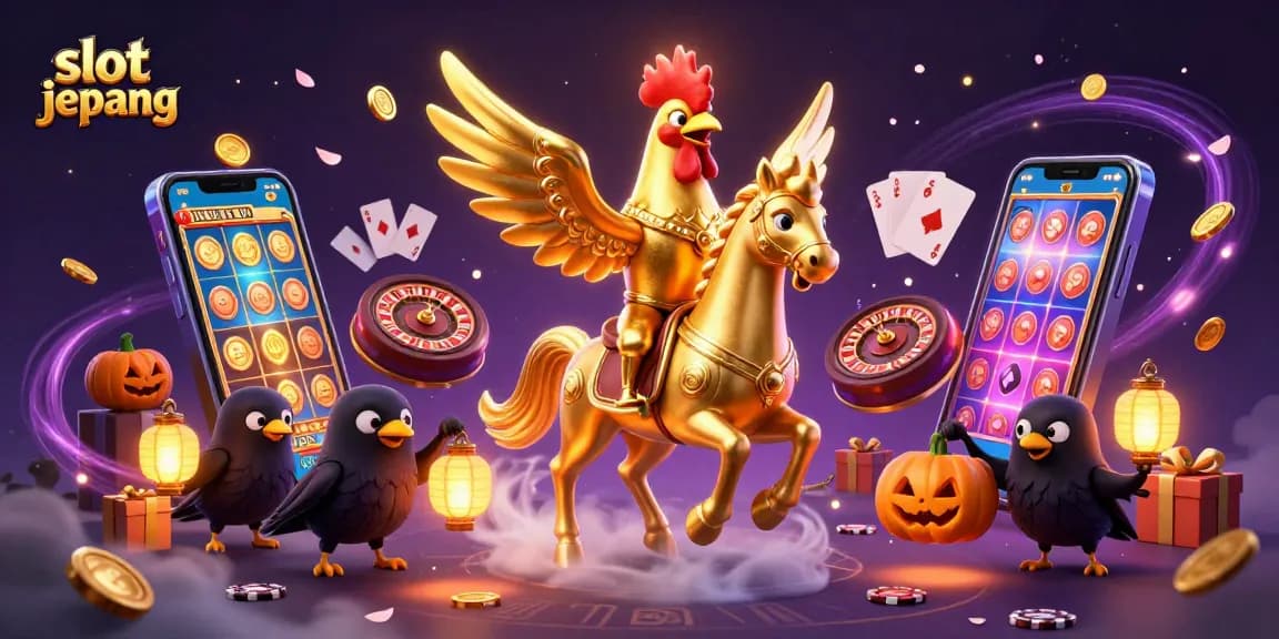 Experience thrilling slot jepang games with golden rooster and spectral horse in an enchanting casino.