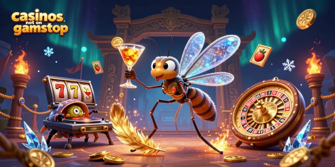 Experience gaming excitement at casinos not on gamstop with vibrant 3D characters and golden elements.