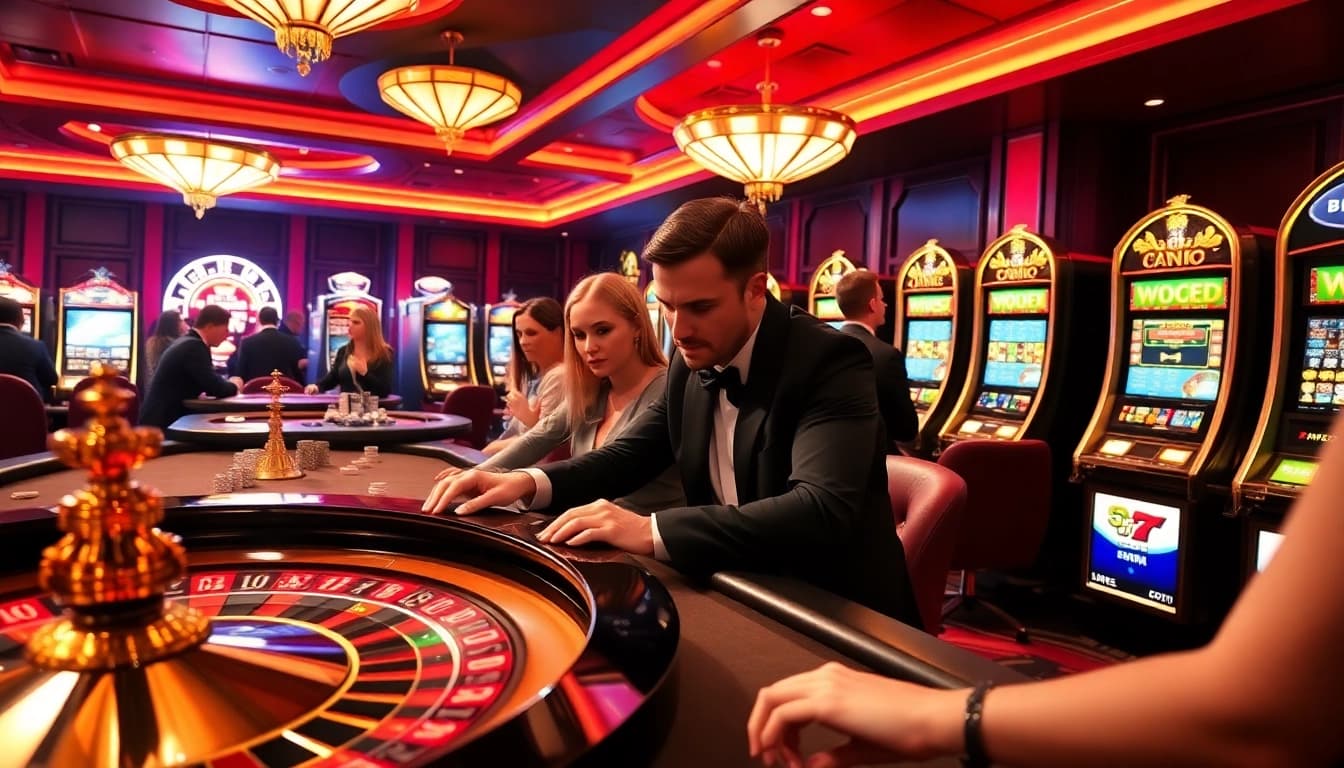 KPI4D players celebrating victories at a luxurious casino gaming table with vibrant slot machines.