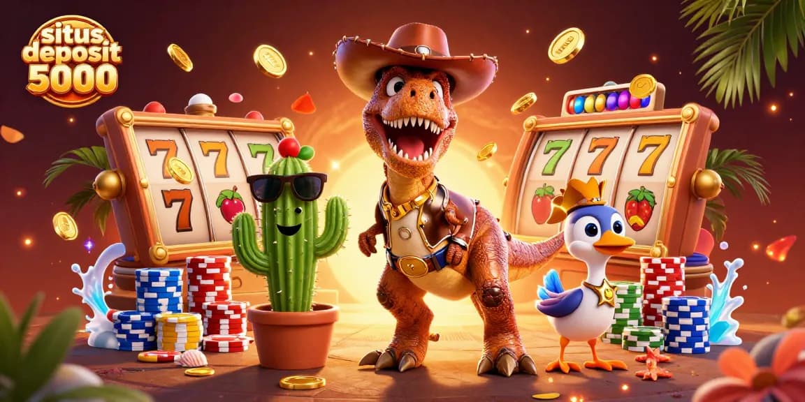 Spin slots and enjoy wins at situs deposit 5000 with T-Rex and friends in a lively casino scene.