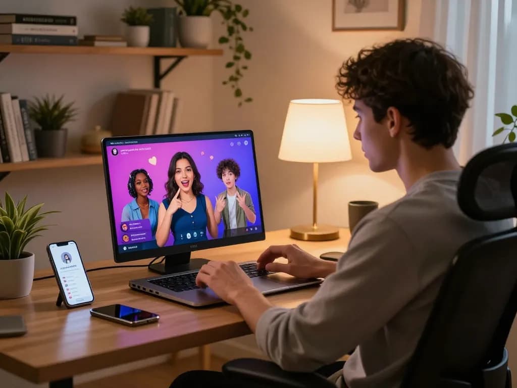Engaging sex chat AI experience in a cozy home office with personalized avatars.