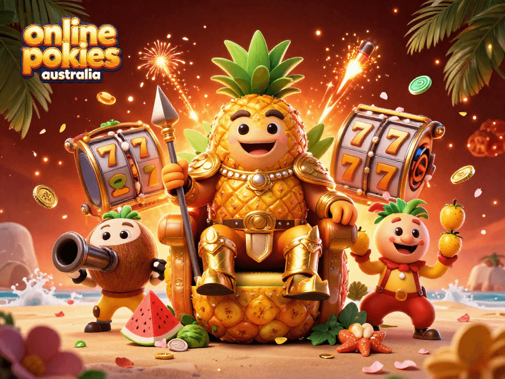 Experience the thrill of online pokies Australia with vibrant slot symbols and a lively casino scene.