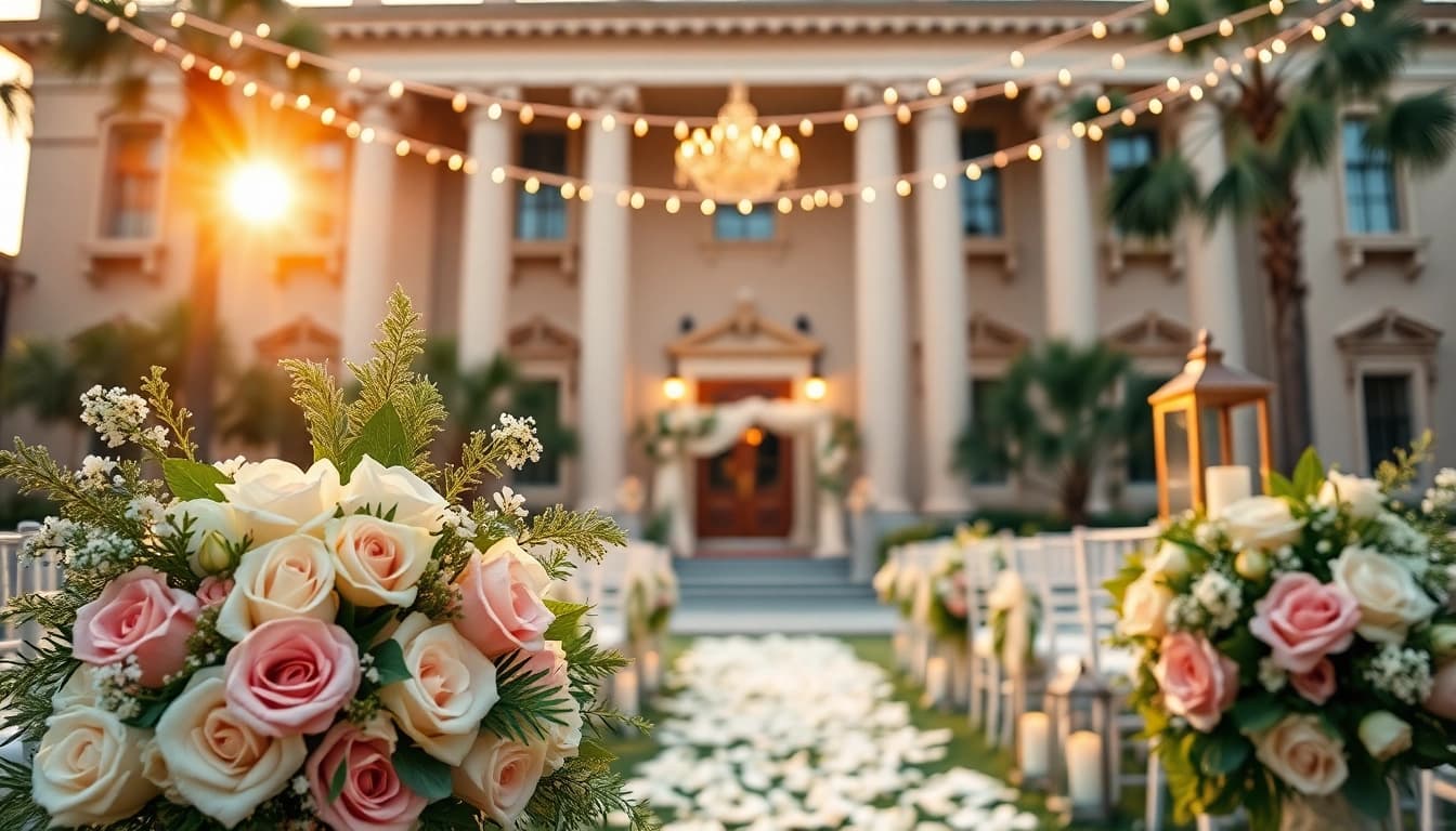 Stunning wedding ceremony at Jacksonville Wedding Venue, showcasing elegant floral arrangements and romantic lighting.