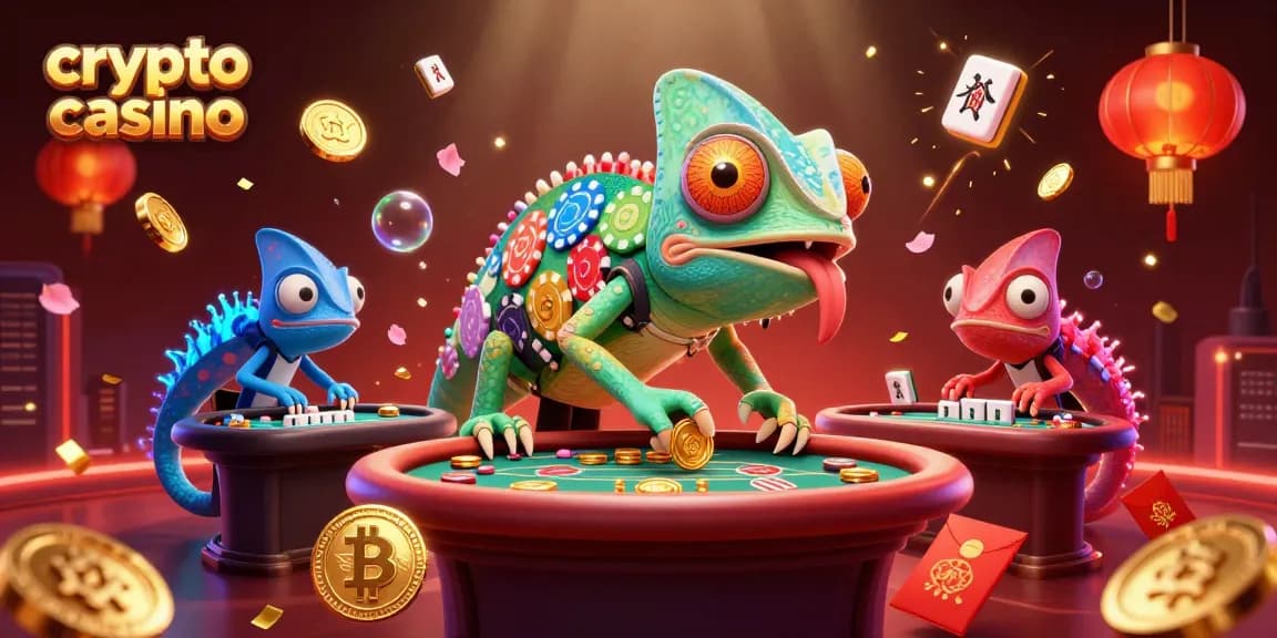 Gioca nel crypto casino sullo sfondo di un camaleonte animato mentre vince con bitcoin e ricompense.