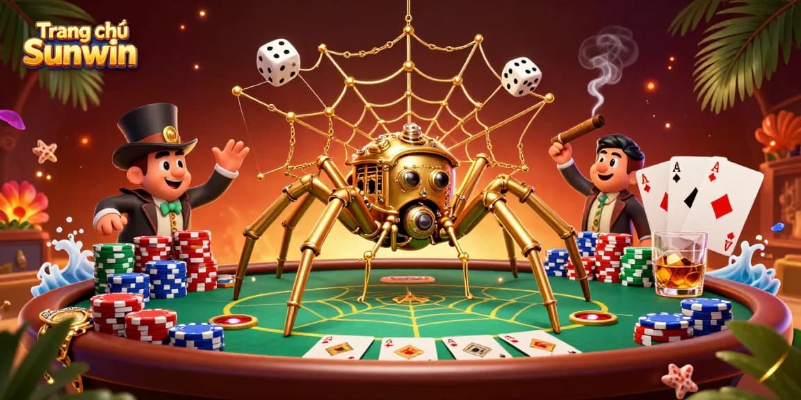 Experience the vibrant world of Trang chủ Sunwin with a steampunk spider weaving a golden web at the poker table.