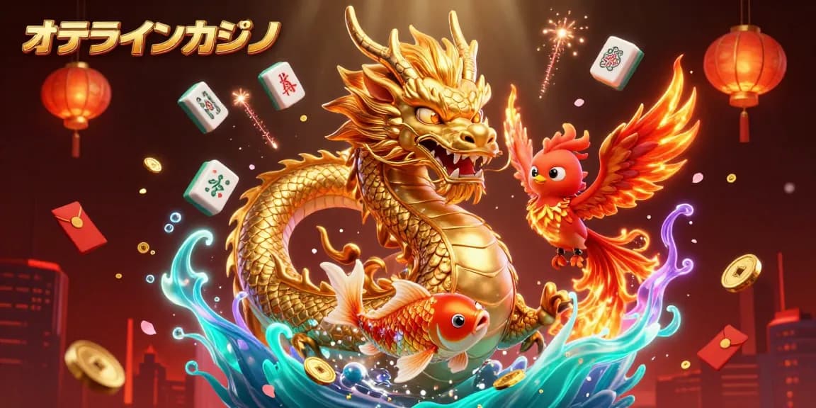 オンラインカジノで楽しむスロットの夢を描いた、ドラゴンのそばに幸運の鯉が舞うシーン