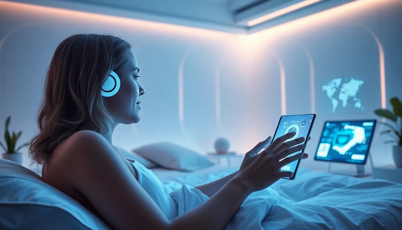 Emotional connection through ai sex in a modern bedroom with advanced technology.