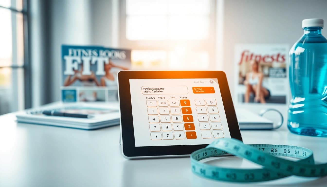 Calculate your macro calculator metrics on a sleek digital device amidst fitness tools.
