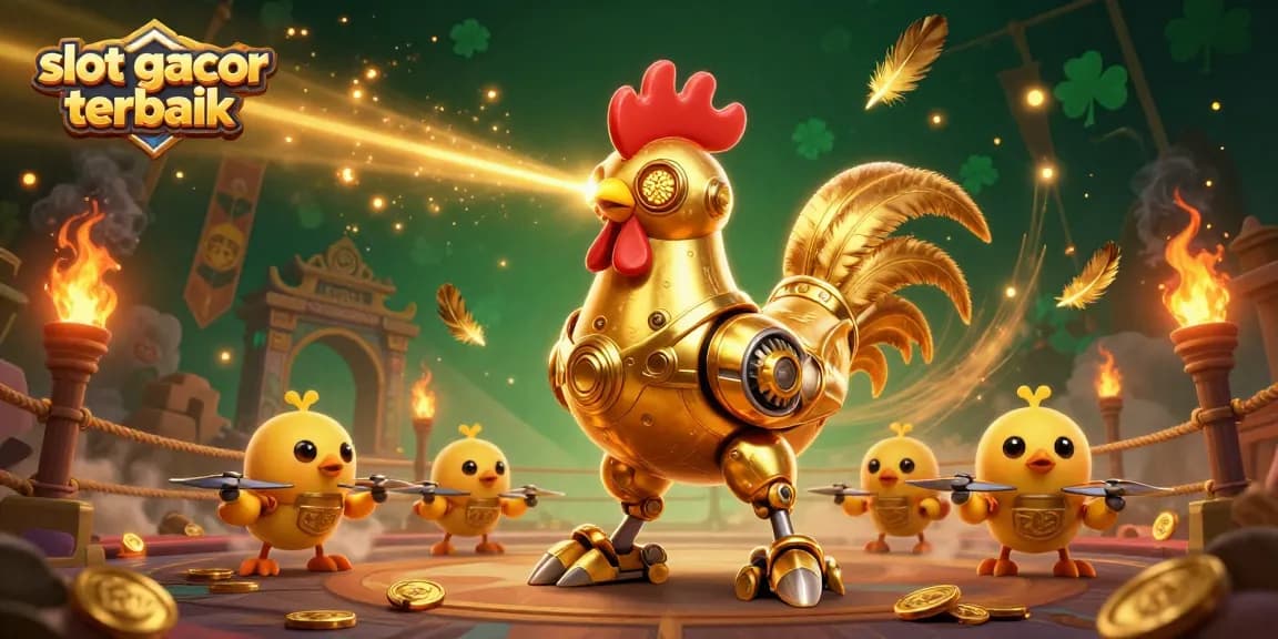 Menyaksikan slot gacor terbaik dengan robot ayam emas futuristik yang menembakkan pola emas