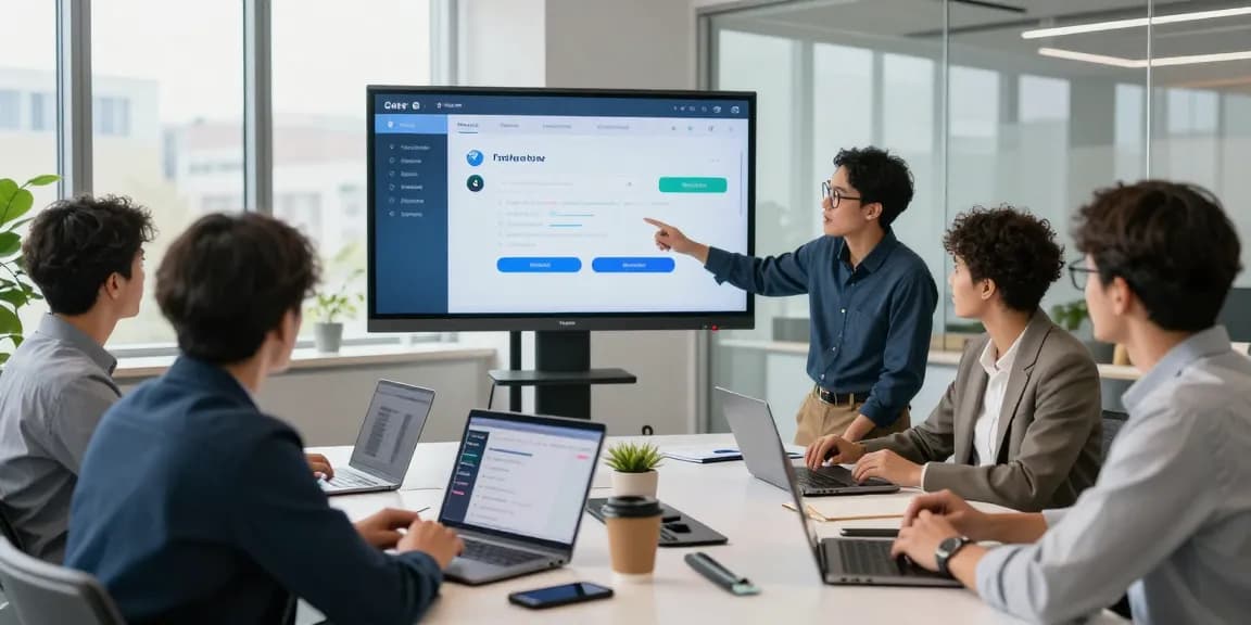 Professionals discussing 纸飞机下载 features during a team meeting in a bright modern office.