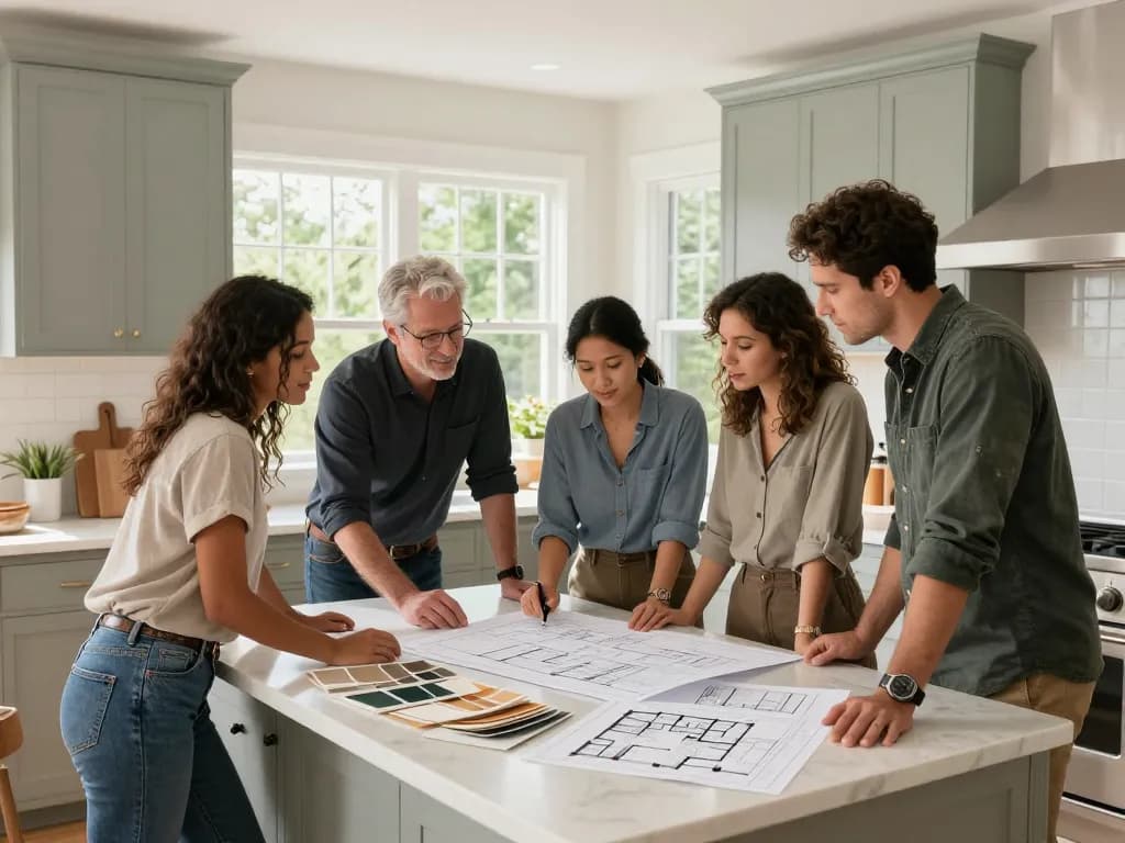 Collaborative kitchen renovation team reviewing plans at www.crediblekb.com.
