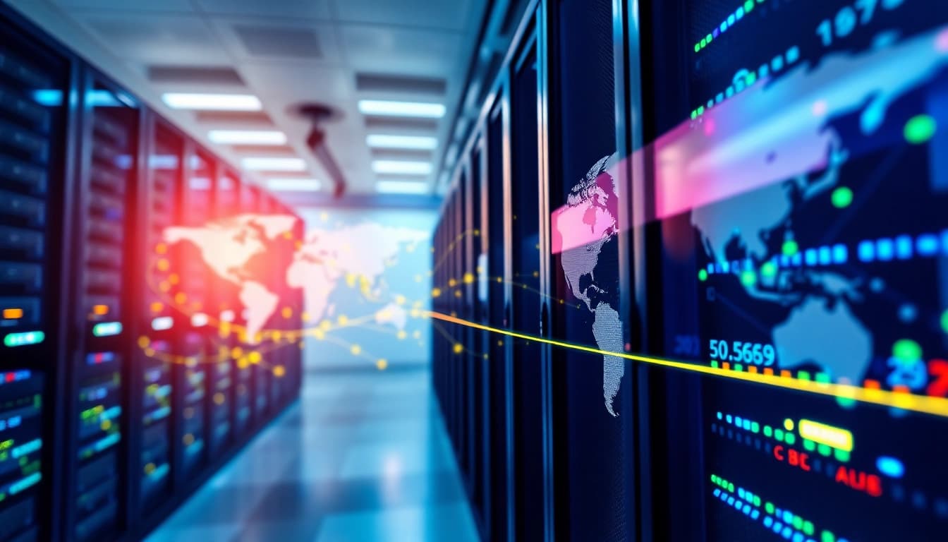 Showcase of CDN with DDoS Protection highlighting dynamic data flow and secure servers in a professional setting.