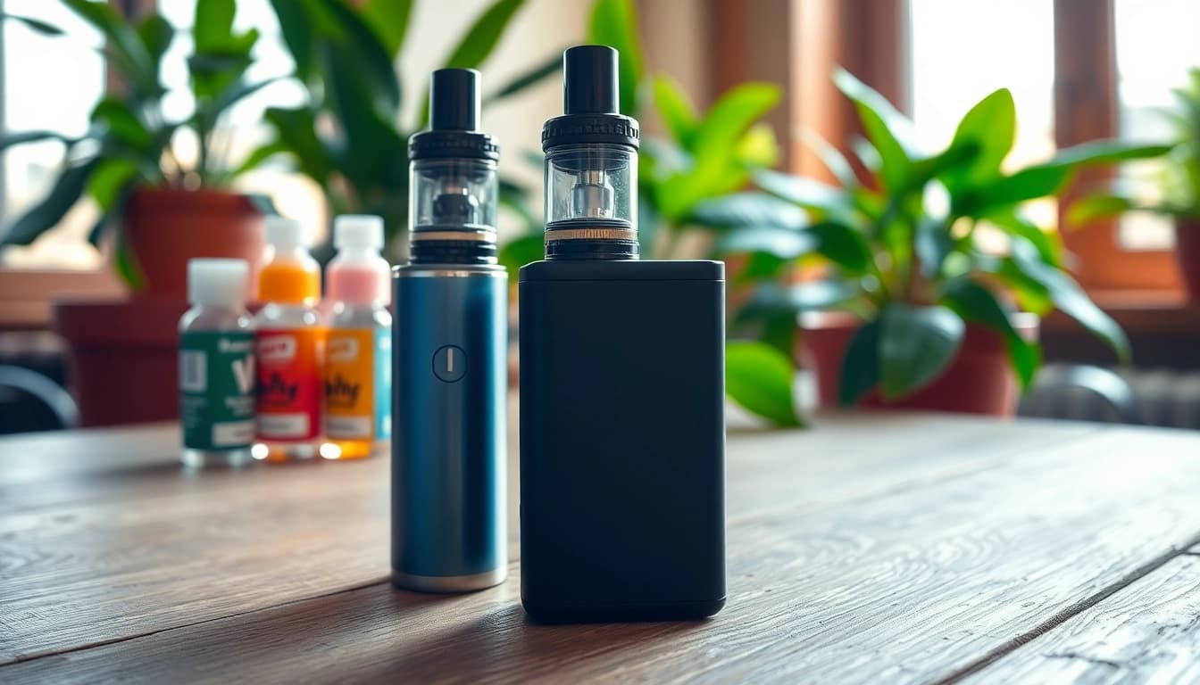 Vape ohne nikotin auf einem Tisch mit Pflanzen, der eine entspannte Atmosphäre vermittelt.