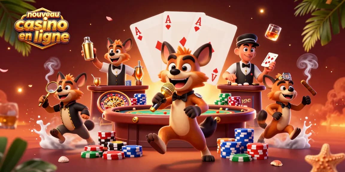 Jouez au nouveau casino en ligne avec des personnages divertissants dans un club de comédie, ambiance festive.