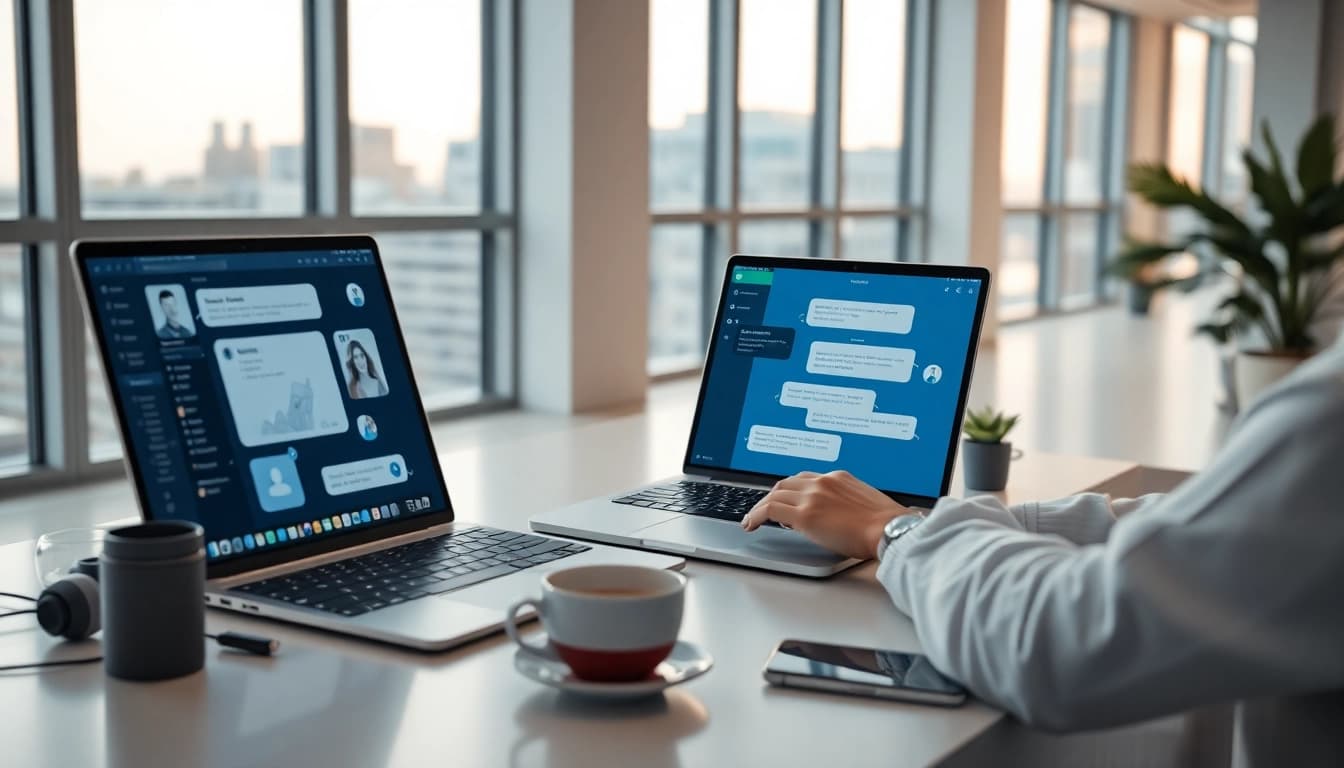 Engaging scene of a user exploring free NSFW AI chatbots on a sleek laptop in an innovative workspace.