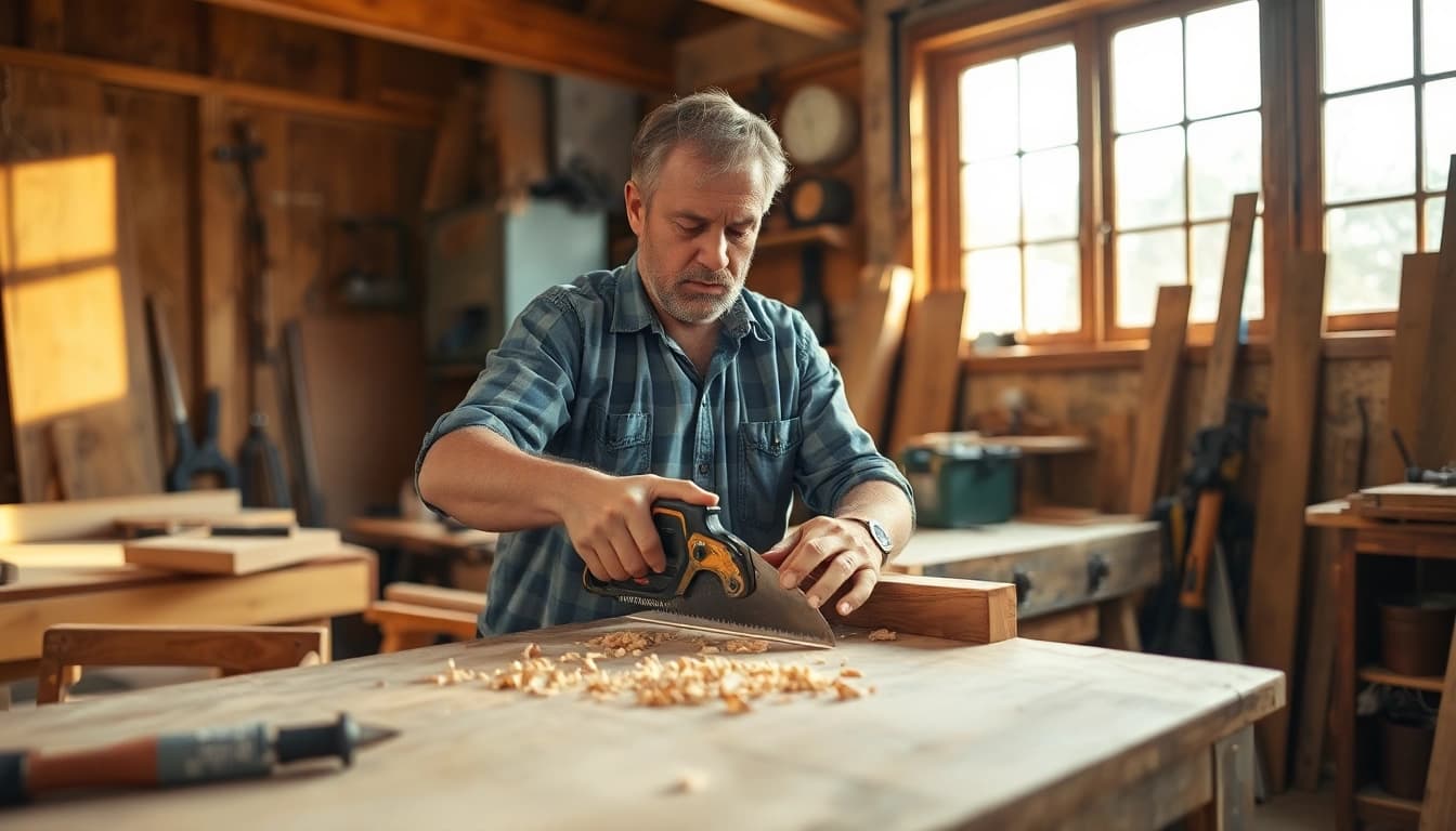Carpentry apprenticeship: A carpenter skillfully working on a wooden project in a bright workshop.