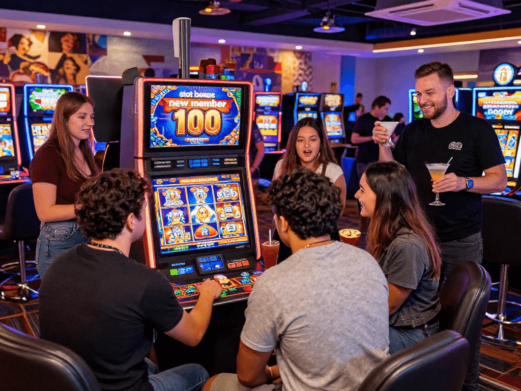 Excited new players engaging with the slot bonus new member 100 at a modern casino.