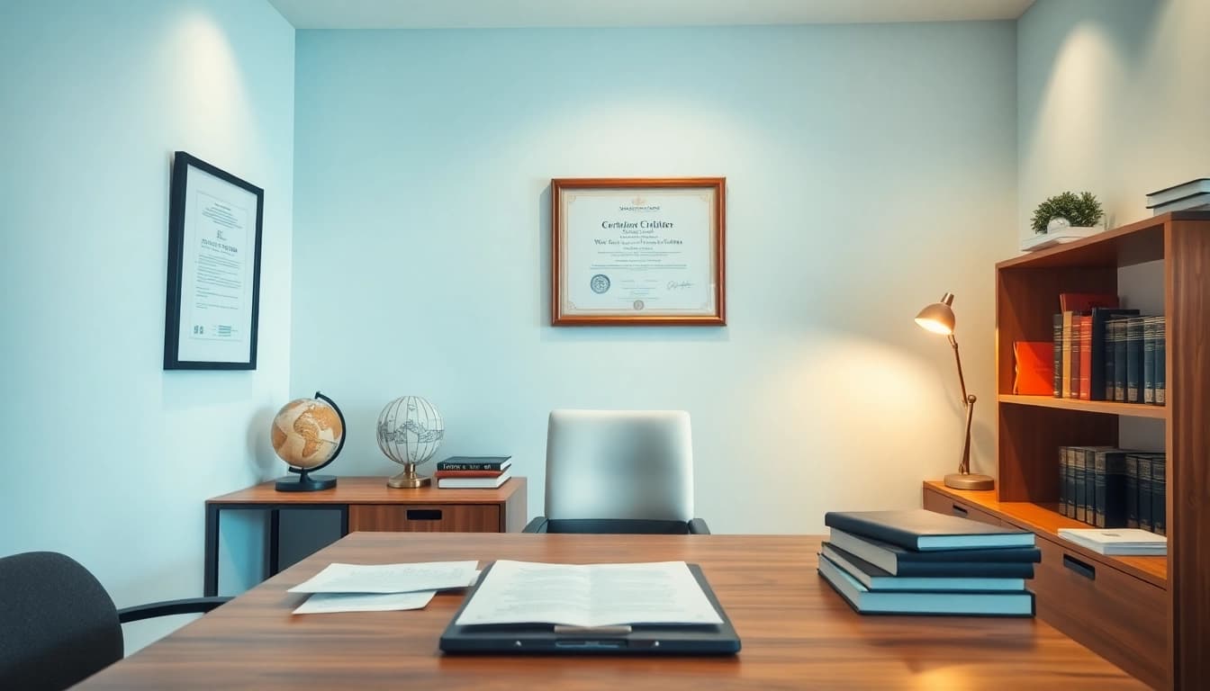 Sworn translator (traduttore giurato) workspace featuring documents and bilingual dictionaries, conveying professionalism.