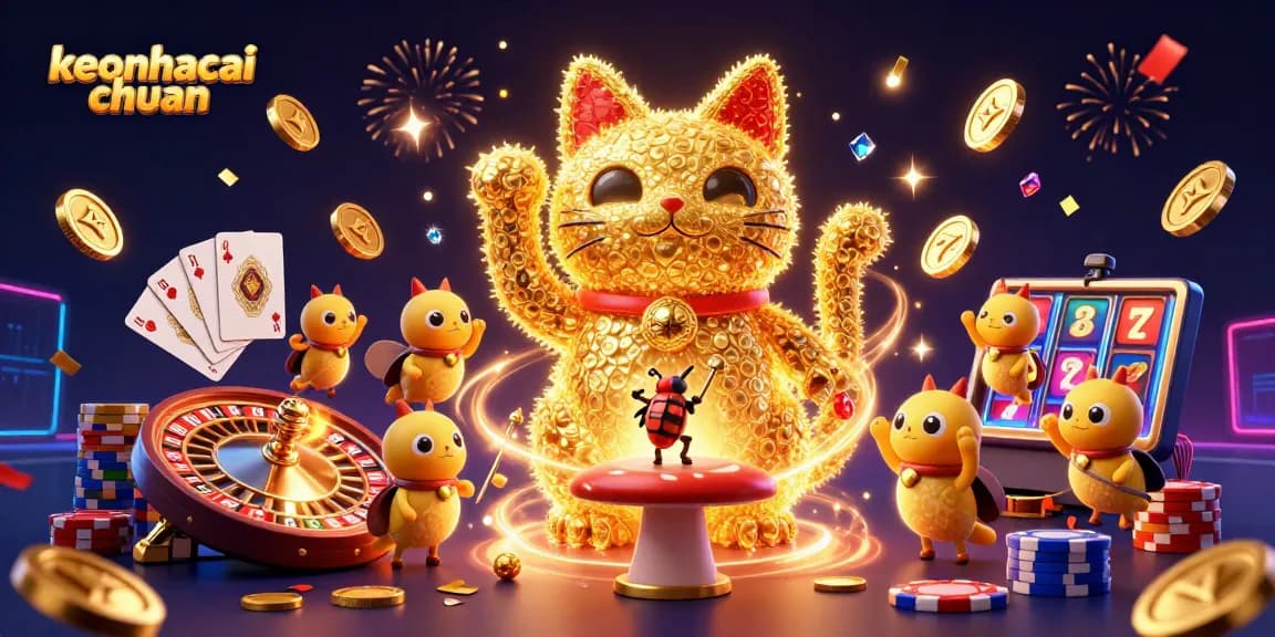Experience winning moments with keonhacai chuan as golden fireflies illuminate casino symbols in this vibrant illustration.