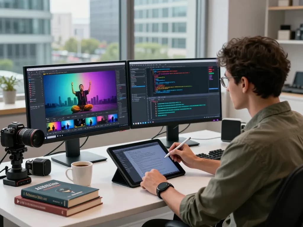Workspace featuring an innovative video to promptgenerator tool with dual monitors showing video analysis software.
