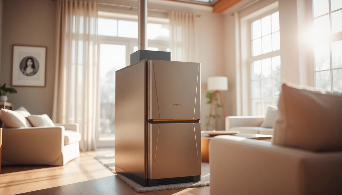 Showcase the efficiency and design of an American Standard furnace Canada in a cozy home setting.