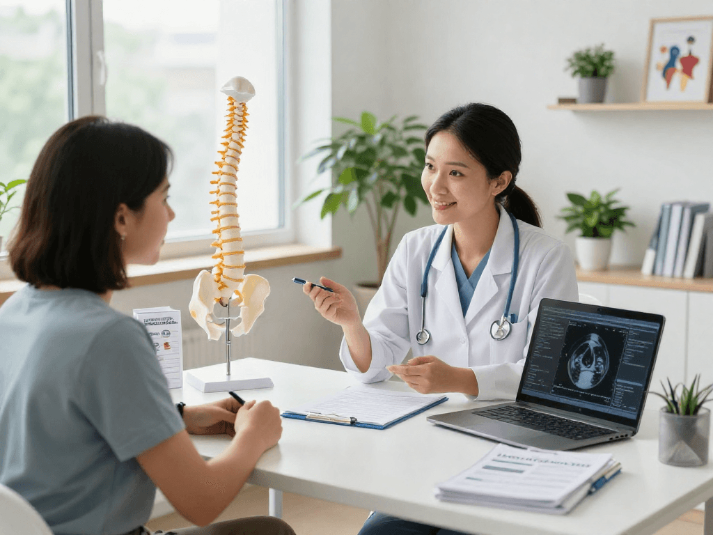 Discussing bel fıtığı ameliyatı options in a modern medical clinic with healthcare professional and patient.