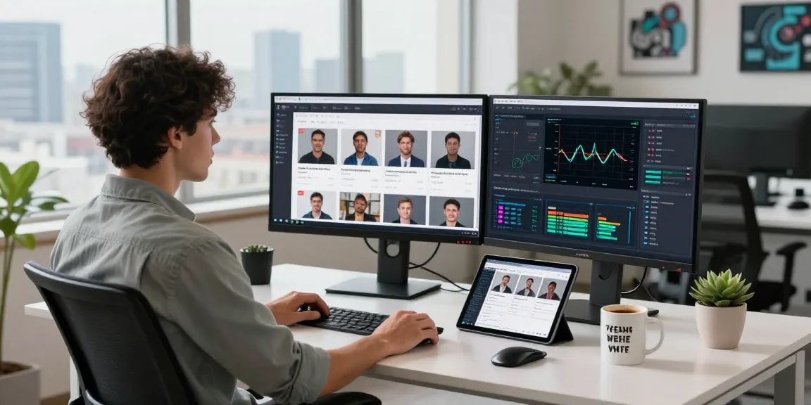 AI image detector showcased in a modern workspace, highlighting real-time moderation statistics and analytics.