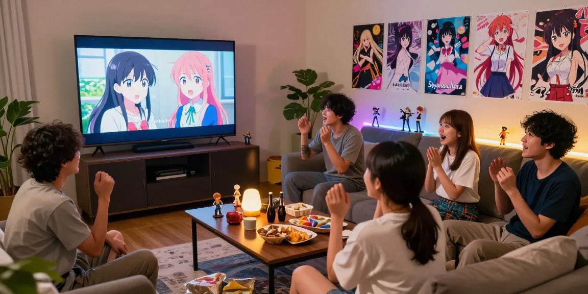 Penggemar anime menonton "Sayonara Lara" di AnimePlay dengan penuh antusiasme, suasana ramai dan menyenangkan.