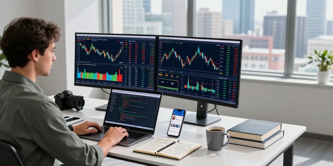 Real-time trading data with NYSE historical Kline API displayed on monitors in a modern finance workspace.