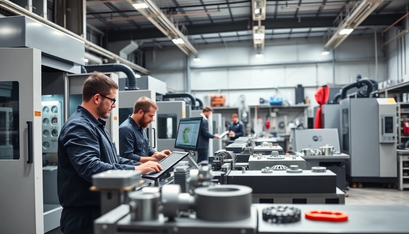 Custom part manufacturer operating advanced CNC machines in a high-tech workshop.