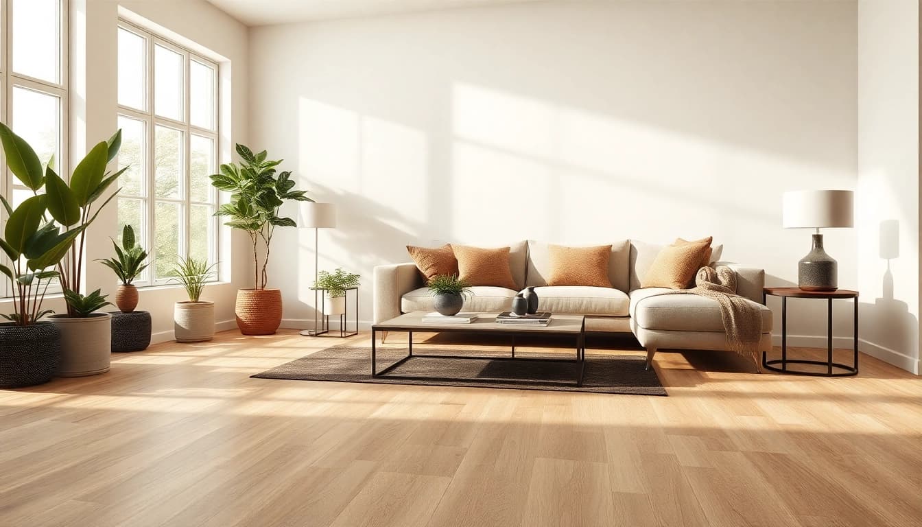 Carrelage imitation parquet dans un salon élégant, baigné par la lumière naturelle.