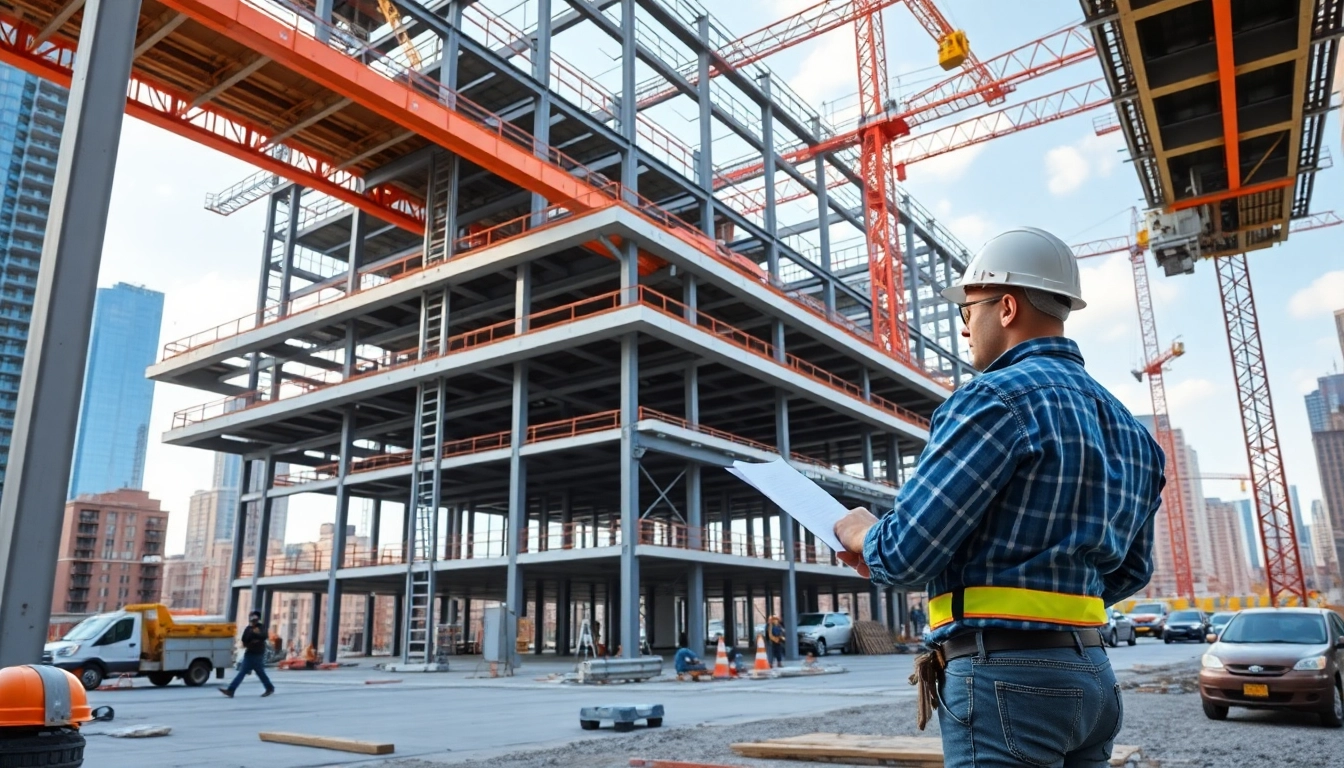 Manhattan Commercial General Contractor overseeing a construction project amid a vibrant cityscape.