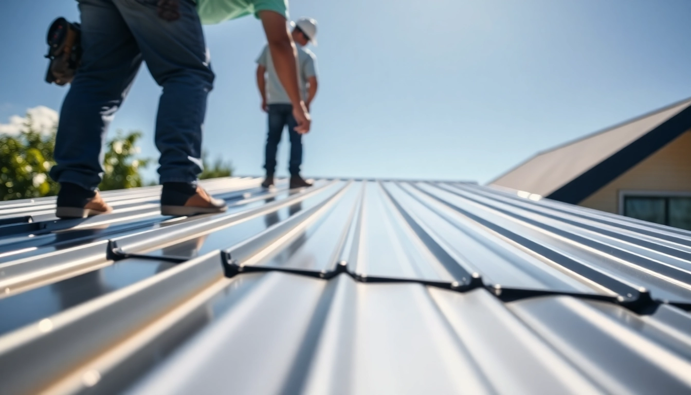 Installers fitting metal roofing panels on a contemporary home, showcasing durable craftsmanship.