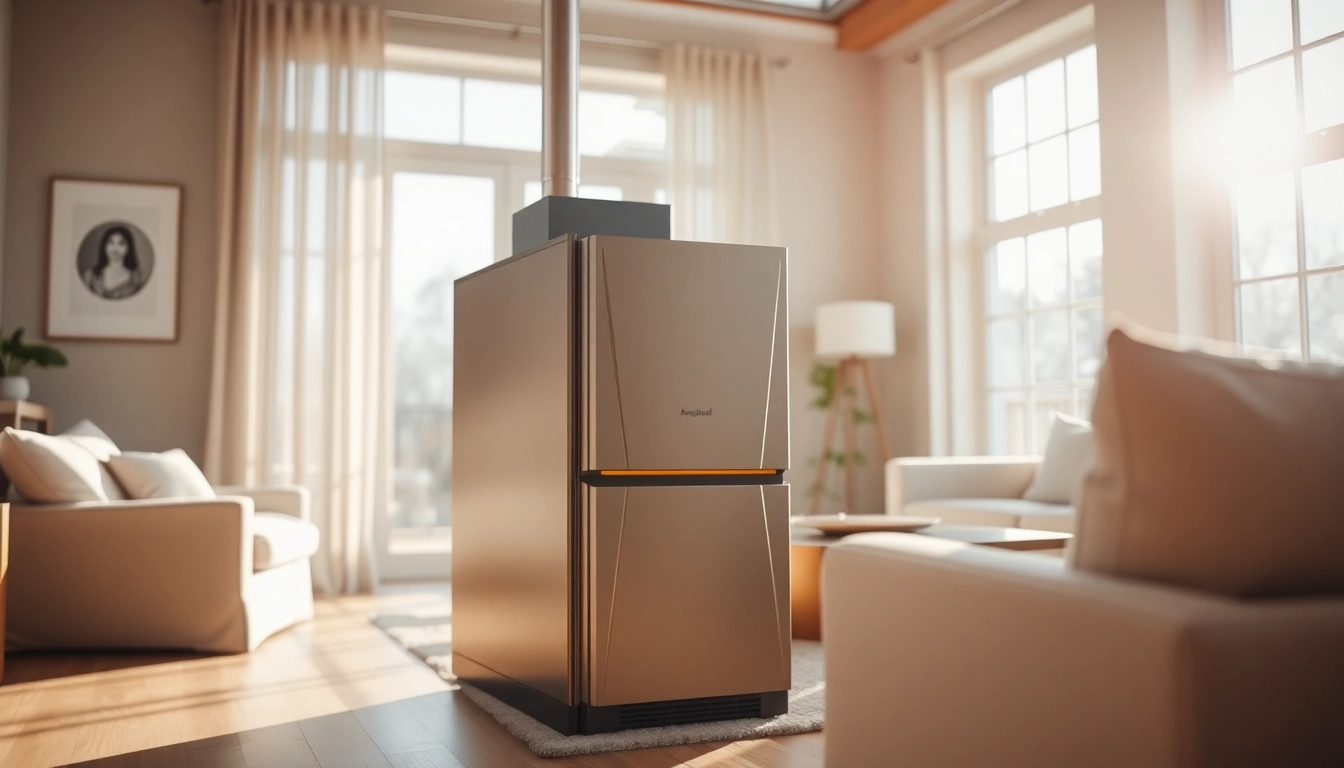 Showcase the efficiency and design of an American Standard furnace Canada in a cozy home setting.