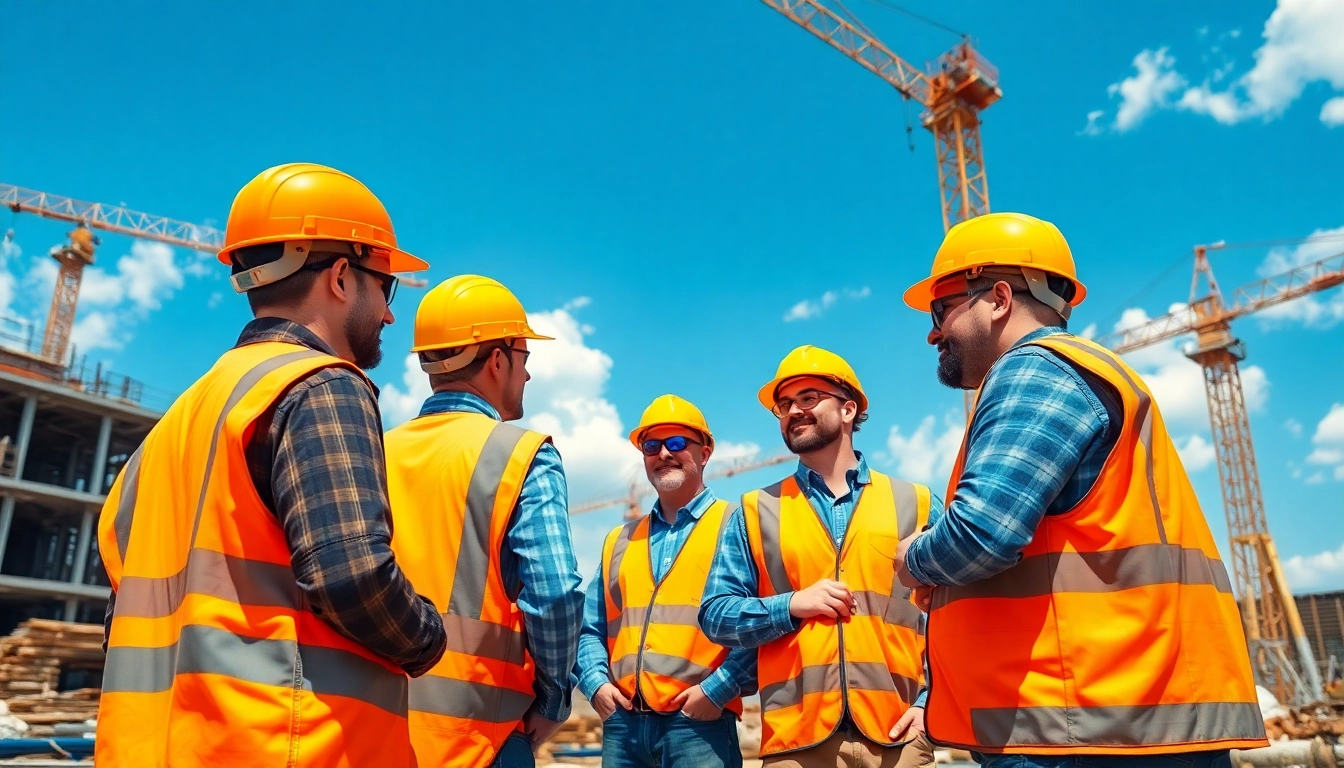 Workers participating in Construction site safety training amidst building materials and machinery.