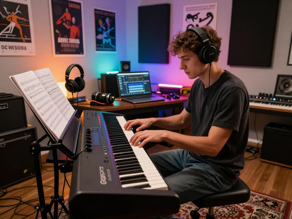 Captivating scene of a musician playing the Go 88 piano in a vibrant studio.